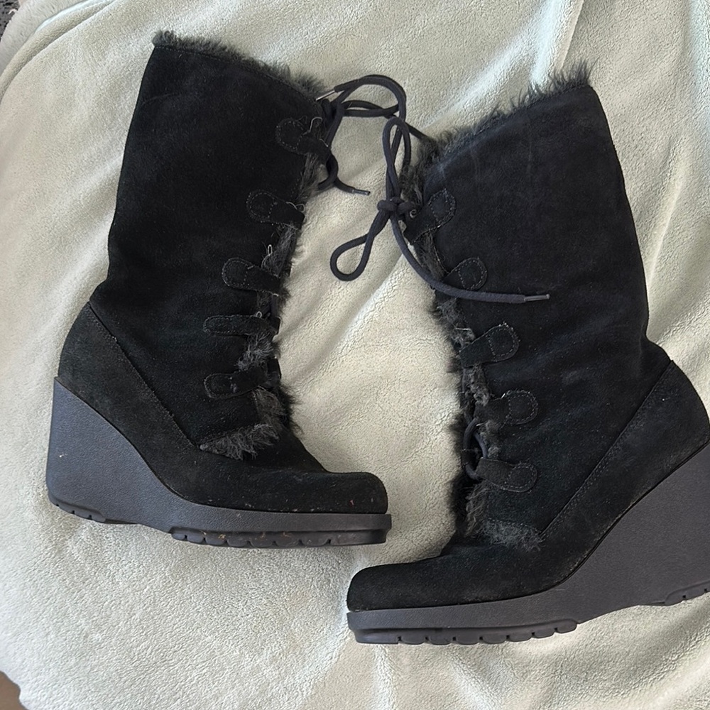 Black Lace Up Mid-Calf Boots with Fur Trim Size 9